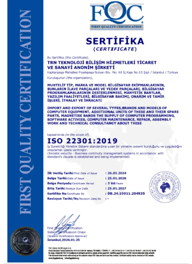 TRN Teknoloji ISO 22301:2019 İş Sürekliliği Yönetim Sistemi sertifikası